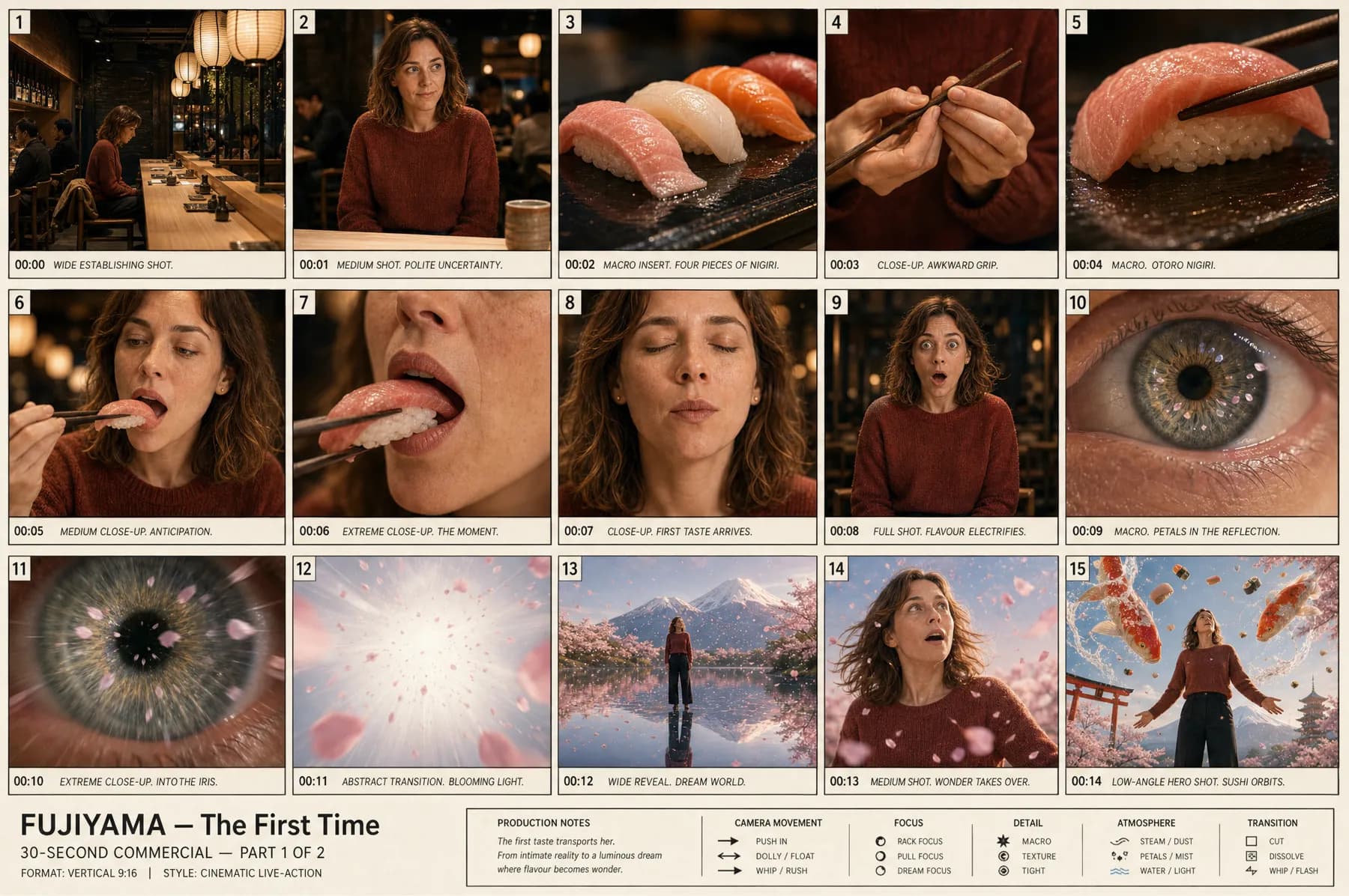 Storyboard-Blatt mit fünfzehn hochkant stehenden Panels in einem Raster, jedes mit Nummer, Timecode und Einstellungsbeschreibung.