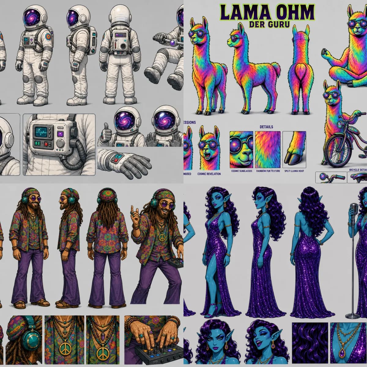 Vier Figurenblätter nebeneinander: ein Astronaut, ein regenbogenfarbenes Lama, ein Hippie-DJ und eine blauhäutige Sängerin — jeweils in mehreren Ansichten mit Detailkacheln.