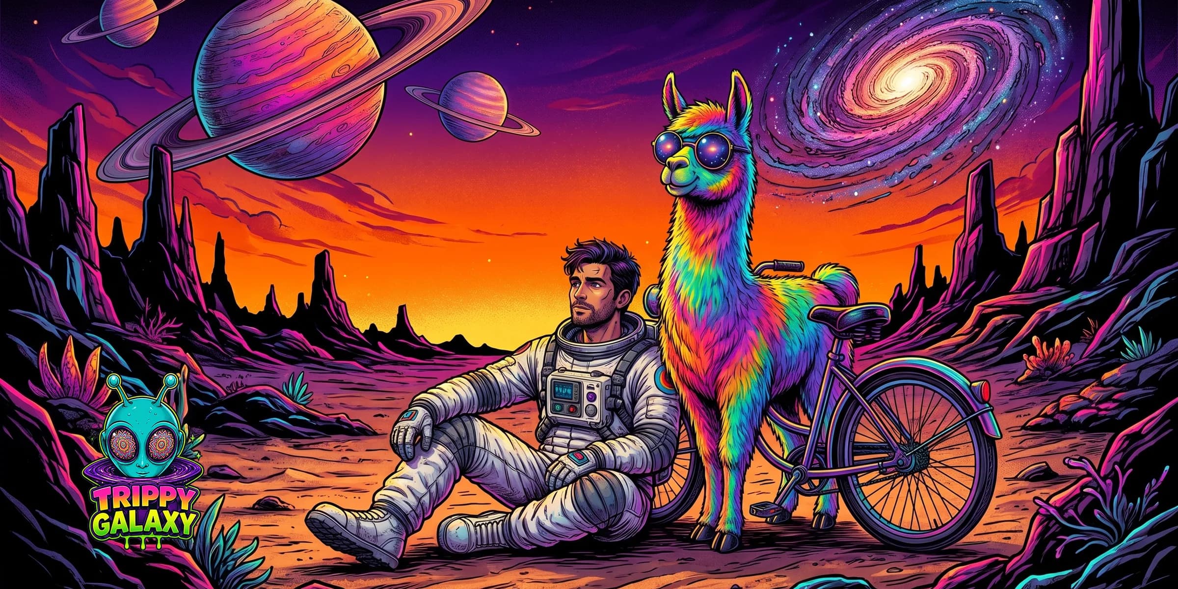 Ein Astronaut sitzt neben einem regenbogenfarbenen Lama mit Sonnenbrille auf einem fremden Planeten, dahinter Ringplaneten und eine Galaxie.