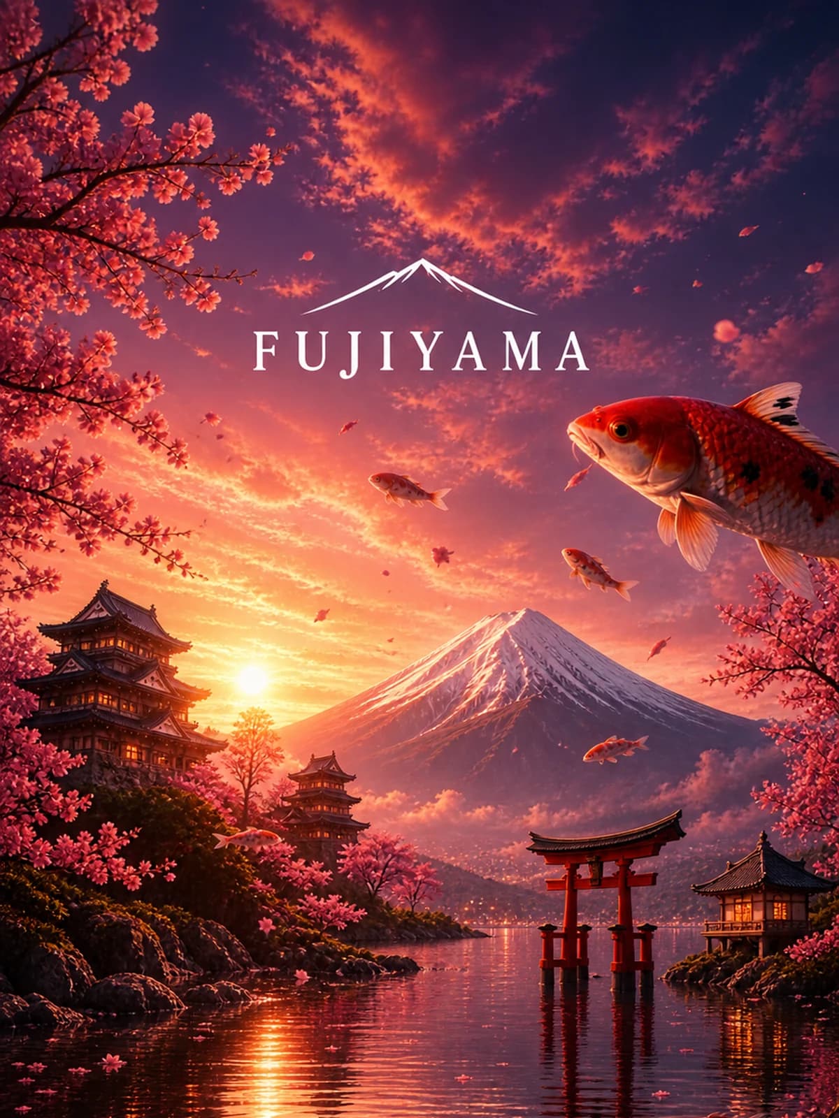Titelbild des Spots: Sonnenuntergang über dem Fuji, ein rotes Torii im See, Koi schweben durch den Himmel, davor blühende Kirschzweige. Oben der Schriftzug FUJIYAMA.