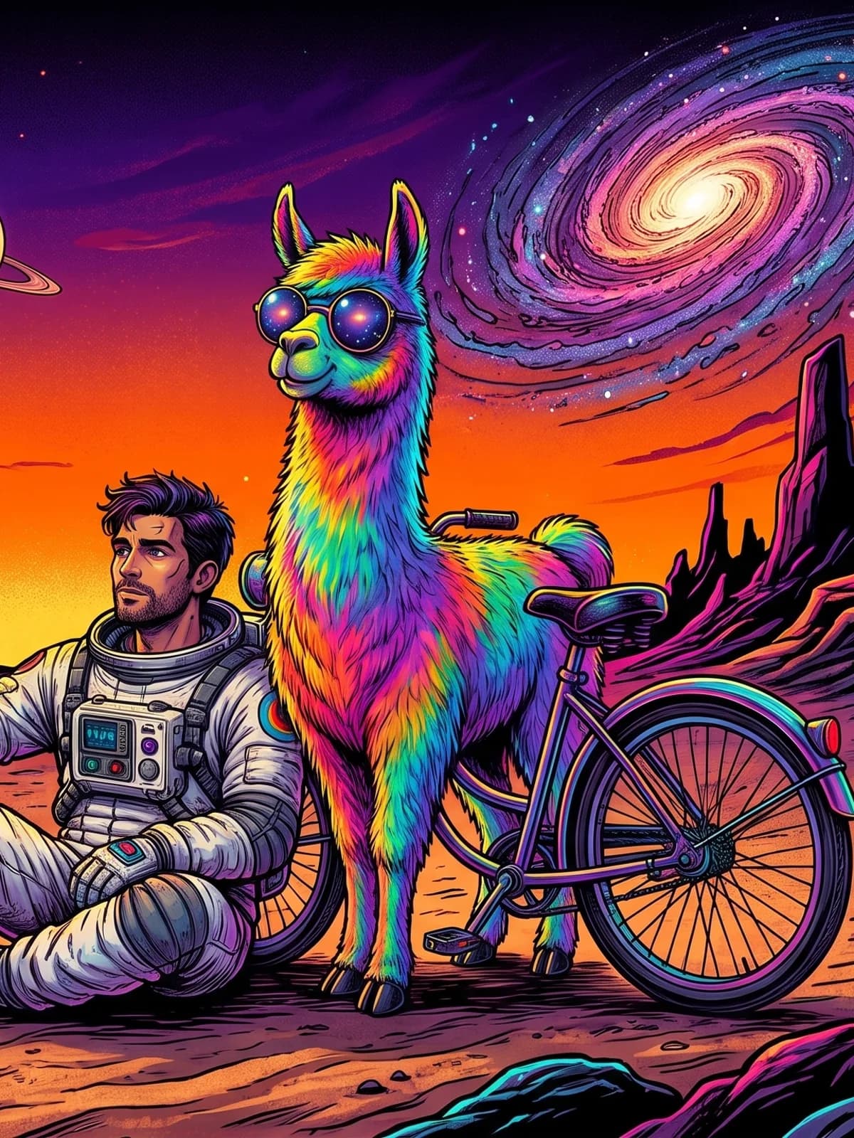 Ein Astronaut sitzt neben einem regenbogenfarbenen Lama mit Sonnenbrille auf einem fremden Planeten, dahinter eine Galaxie.