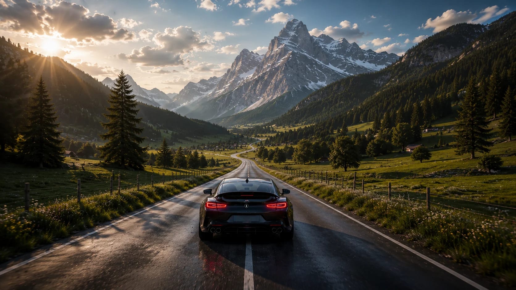 Ein dunkles Auto von hinten auf einer Landstraße durch ein Alpental.