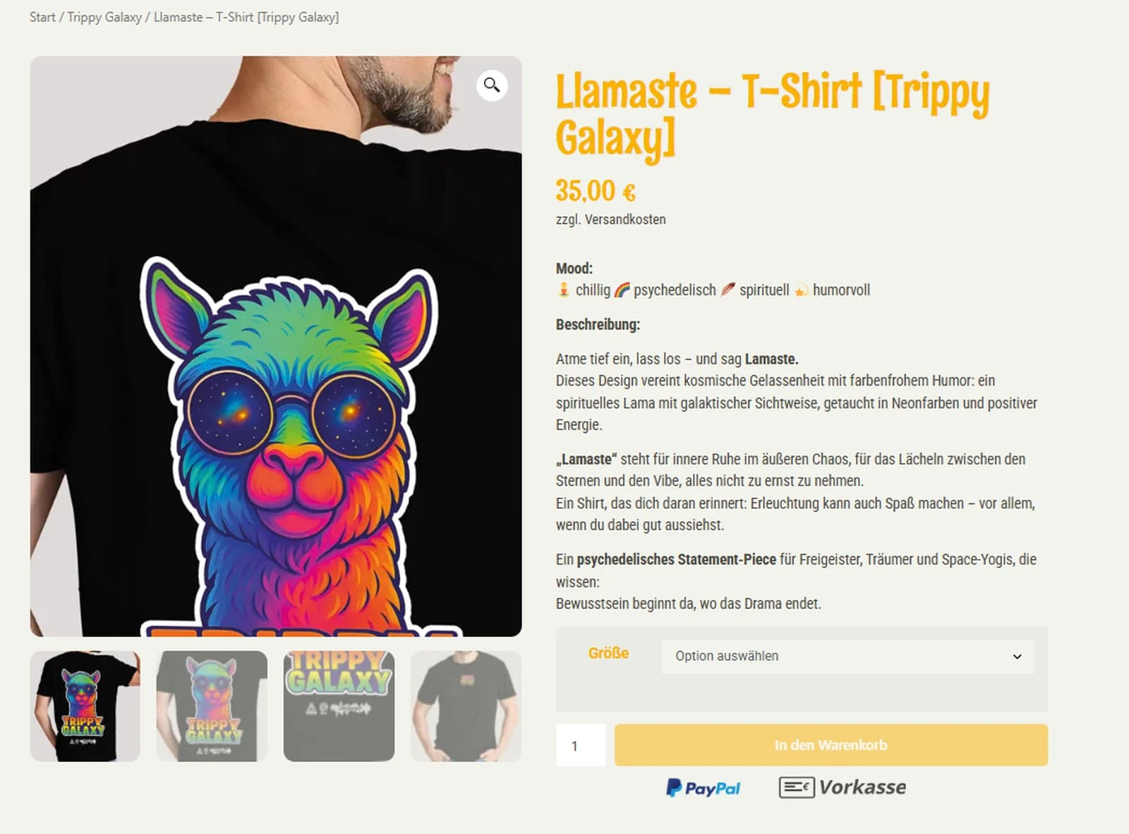 Eine Produktseite im Shop: das Shirt „Llamaste“ mit dem regenbogenfarbenen Lama, daneben Preis, Stimmungsangaben und Beschreibung.